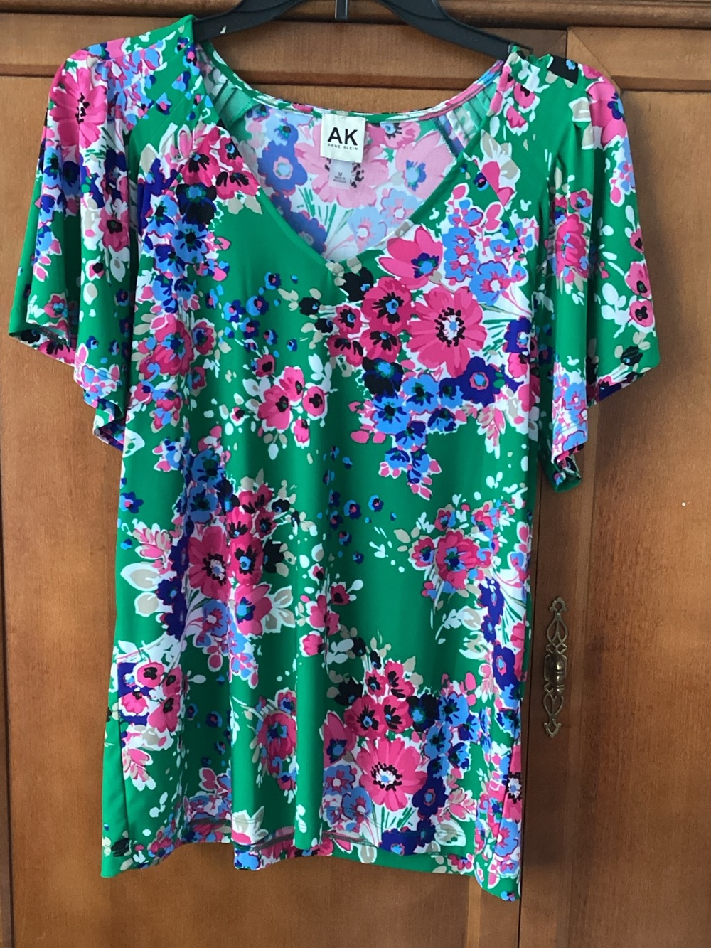 Anne Klein Floral V-Neck Flutter Sleeve Top — Green with Pink & Blue Flowers